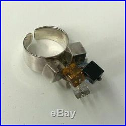 Vintage Sterling 950 Bead Stone Ring Marked 950 Modernist Cube Design Size 7 1/2