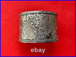 Vintage Sterling Koi Fish and Dragon Decorated Chinese Wide Cuff Bracelet Marked