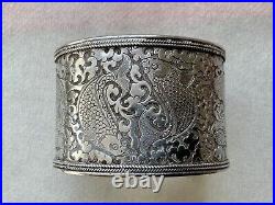 Vintage Sterling Koi Fish and Dragon Decorated Chinese Wide Cuff Bracelet Marked