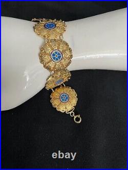 Vintage Sterling Siler Bracelet Enamel Flowers Gilding Large Size Marked