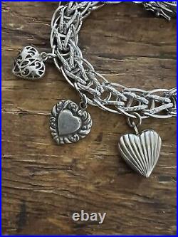 Vintage Sterling Silver 925 Double Link Puffy Heart 6 Charms Bracelet