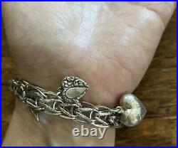 Vintage Sterling Silver 925 Double Link Puffy Heart 6 Charms Bracelet