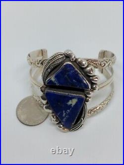 Vintage Sterling Silver 925 Rabbit Marked Blue Lapis Cuff Bracelet 6.5