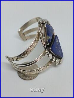 Vintage Sterling Silver 925 Rabbit Marked Blue Lapis Cuff Bracelet 6.5