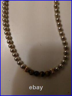 Vintage Sterling Silver Beaded Necklace Brown Tiger Eye beads Marked 925