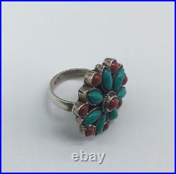 Vintage Sterling Silver CORAL & TURQUOISE Ring bird mark