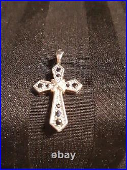 Vintage Sterling Silver Cross Pendant Sapphires 1-1/4 WithO Chain Marked Unsigned
