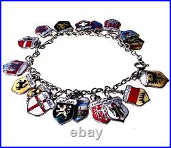 Vintage Sterling Silver European German Travel Enamel 18 Charm Bracelet, Marked