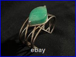 Vintage Sterling Silver Green Jade Large Cuff bracelet Marked M made in 1980th