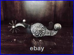 Vintage Sterling Silver Inlay Handmade Chief Motif Spurs Maker Marked Garcia