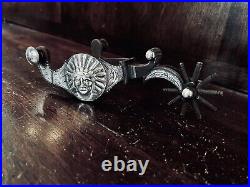 Vintage Sterling Silver Inlay Handmade Chief Motif Spurs Maker Marked Garcia