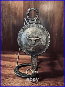 Vintage Sterling Silver Inlay L. Horn Bit Huge Concho Salinas Mpiece Maker Marked