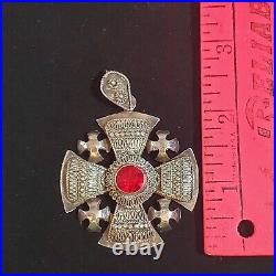 Vintage Sterling Silver Jerusalem Crusader Cross Pendant Marked Red Stone