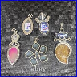 Vintage Sterling Silver Pendants Marked 925 Lot Of 5 Faceted Druzy Lapis Fossil