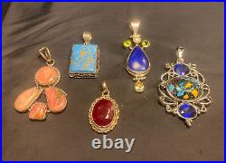 Vintage Sterling Silver Pendants Marked 925 Lot Of 5 Faceted Ruby Topaz Lapis +