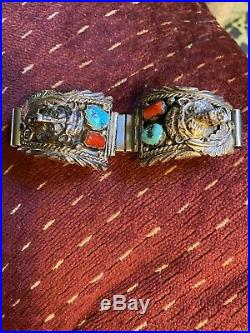 Vintage Sterling Silver Turquoise & Coral Mens Watch Band Marked