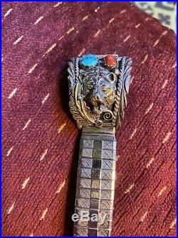 Vintage Sterling Silver Turquoise & Coral Mens Watch Band Marked
