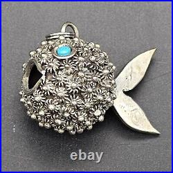 Vintage Sterling Silver Turquoise Puffer Fish Marked 925 Charm Pendant