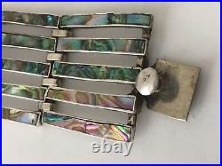 Vintage Taxco JHE EAGLE 3 MARK Sterling Silver Abalone Wide Link Bracelet 7.5