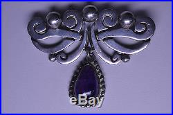 Vintage Taxco Mexican Sterling Silver Amethyst Dangle Pin With Eagle 3 Mark