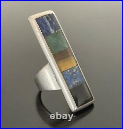 Vintage Taxco Mexico Modernist Sterling Silver Stone inlay Long Ring Mark Begay