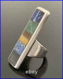 Vintage Taxco Mexico Modernist Sterling Silver Stone inlay Long Ring Mark Begay