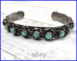 Vintage Turquoise Marked Sterling Silver Southwestern 15 Flower Cuff Bracelet