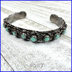 Vintage Turquoise Marked Sterling Silver Southwestern 15 Flower Cuff Bracelet