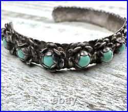 Vintage Turquoise Marked Sterling Silver Southwestern 15 Flower Cuff Bracelet