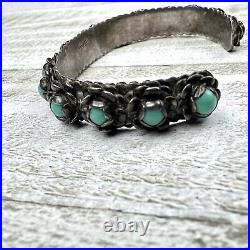 Vintage Turquoise Marked Sterling Silver Southwestern 15 Flower Cuff Bracelet