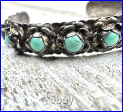 Vintage Turquoise Marked Sterling Silver Southwestern 15 Flower Cuff Bracelet