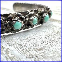 Vintage Turquoise Marked Sterling Silver Southwestern 15 Flower Cuff Bracelet