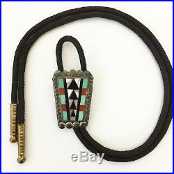Vintage Zuni Sterling Turquoise Coral Onyx Bolo Tie Slide Marking
