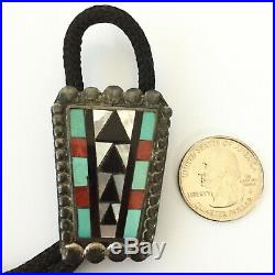 Vintage Zuni Sterling Turquoise Coral Onyx Bolo Tie Slide Marking