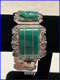 Vintage heavy sterling and green glass bracelet marked 925 Mexico