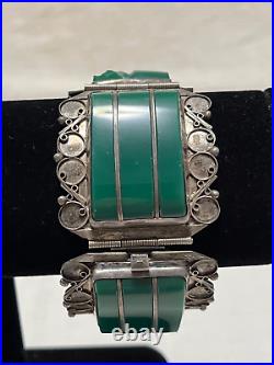 Vintage heavy sterling and green glass bracelet marked 925 Mexico