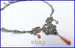 Vintage marked 925 sterling silver marcasite & natural coral drop necklace