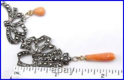 Vintage marked 925 sterling silver marcasite & natural coral drop necklace