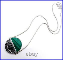 Vintage marked GFMW carved sterling silver & malachite pendant necklace