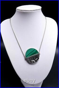 Vintage marked GFMW carved sterling silver & malachite pendant necklace