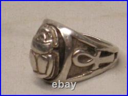 Vintage sterling silver scarab beetle ankh Egypt detail hallmarked marked ring