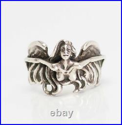 Vintage sterling silver winged nude woman fantasy fairy ring sz 6.25 Mark Dornan