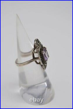 Vtg Art Deco Amethyst & Marcasite 925 Sterling Silver Ring Sz 7, Appraised $225