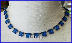 Vtg Art Deco Rivière Necklace Square Blue Glass Stones Sterling Silver Marked