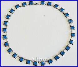 Vtg Art Deco Rivière Necklace Square Blue Glass Stones Sterling Silver Marked