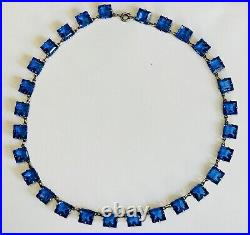 Vtg Art Deco Rivière Necklace Square Blue Glass Stones Sterling Silver Marked