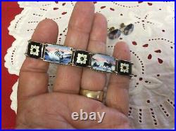 Vtg BJP (Norway) 925S/ 830S Silver Guilloche Enamel Scenes Bracelet/ Earrings