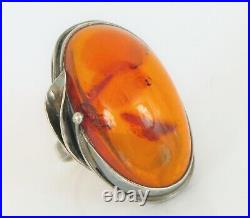 Vtg Beautiful Sterling Silver Poland Marks Baltic Amber Large Cocktail Ring S8