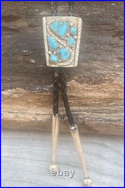 Vtg Bolo Tie Necklace MARKED WAYNE C Cheama 925 STERLING SILVER Navajo Turquoise