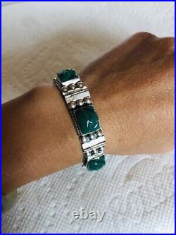 Vtg Marked Mexico Sterling Silver Bracelet Bangle With Chrysoprase Stones